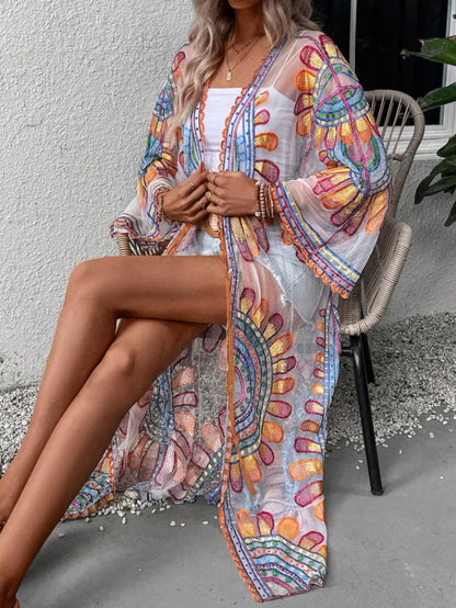 Boho Floral Embroidery Beach Cover-Up