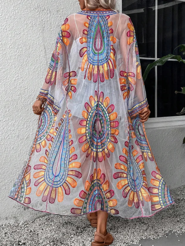 Boho Floral Embroidery Beach Cover-Up